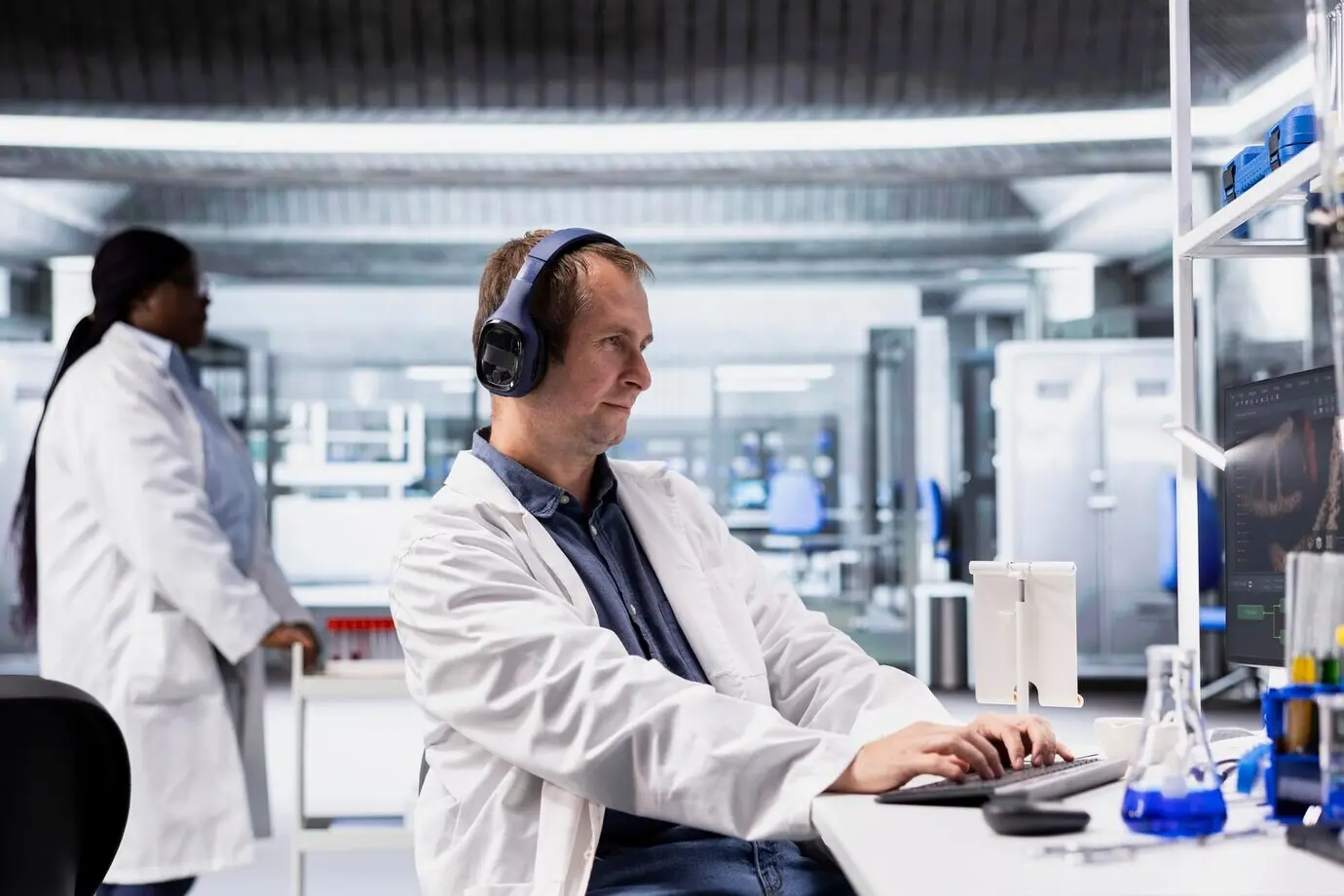 Unkonventionelle/r Wissenschaftler/in hört Musik, während er/sie in einem wissenschaftlichen Labor ein Experiment durchführt und dabei trägt